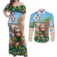 Hawaii Christmas Santa Claus Couples Matching Off Shoulder Maxi Dress and Long Sleeve Button Shirt Mele Kalikimaka Tropical Beach LT01 Art - Polynesian Pride