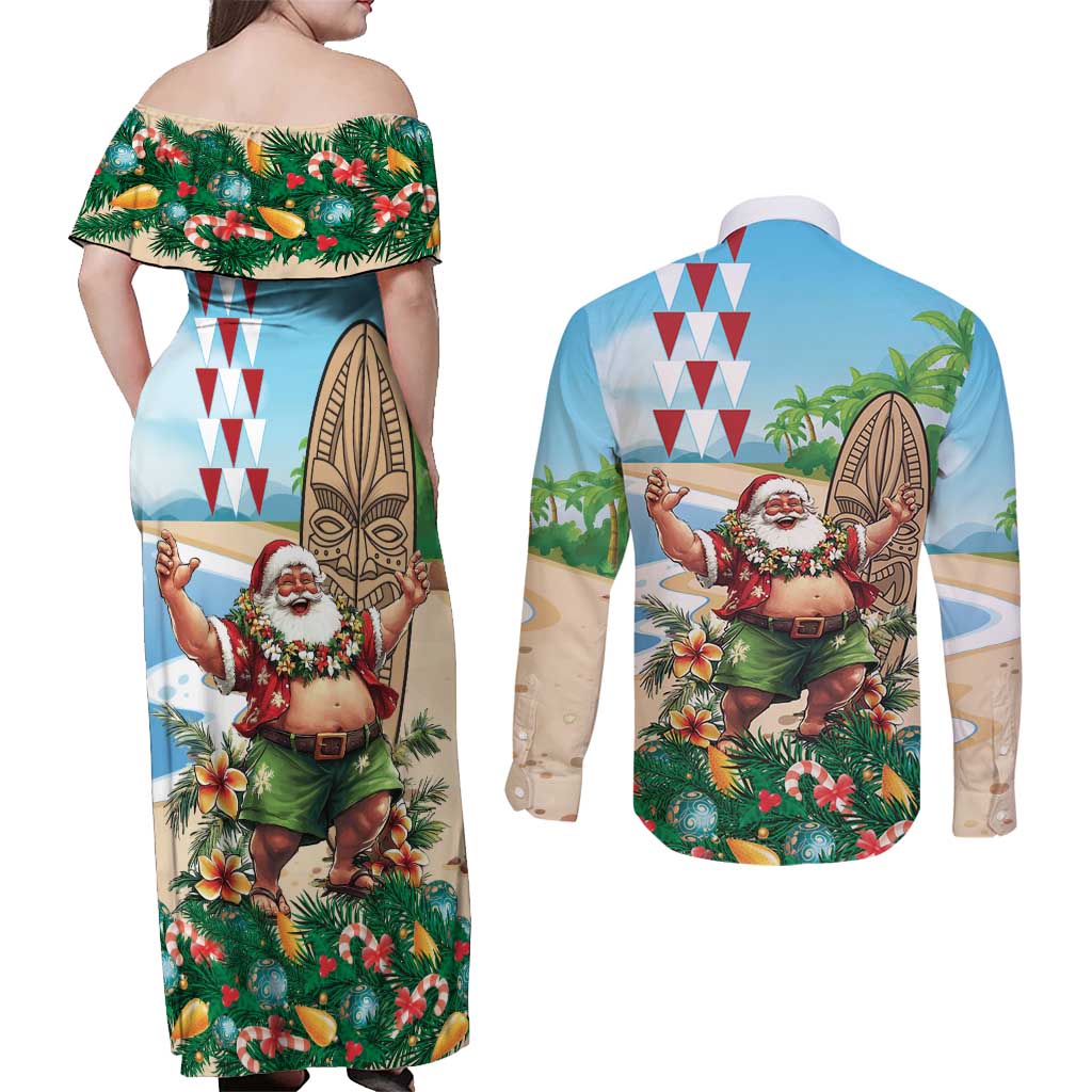 Hawaii Christmas Santa Claus Couples Matching Off Shoulder Maxi Dress and Long Sleeve Button Shirt Mele Kalikimaka Tropical Beach LT01 - Polynesian Pride