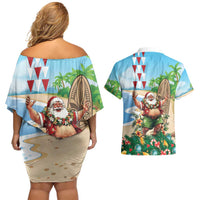 Hawaii Christmas Santa Claus Couples Matching Off Shoulder Short Dress and Hawaiian Shirt Mele Kalikimaka Tropical Beach LT01 - Polynesian Pride