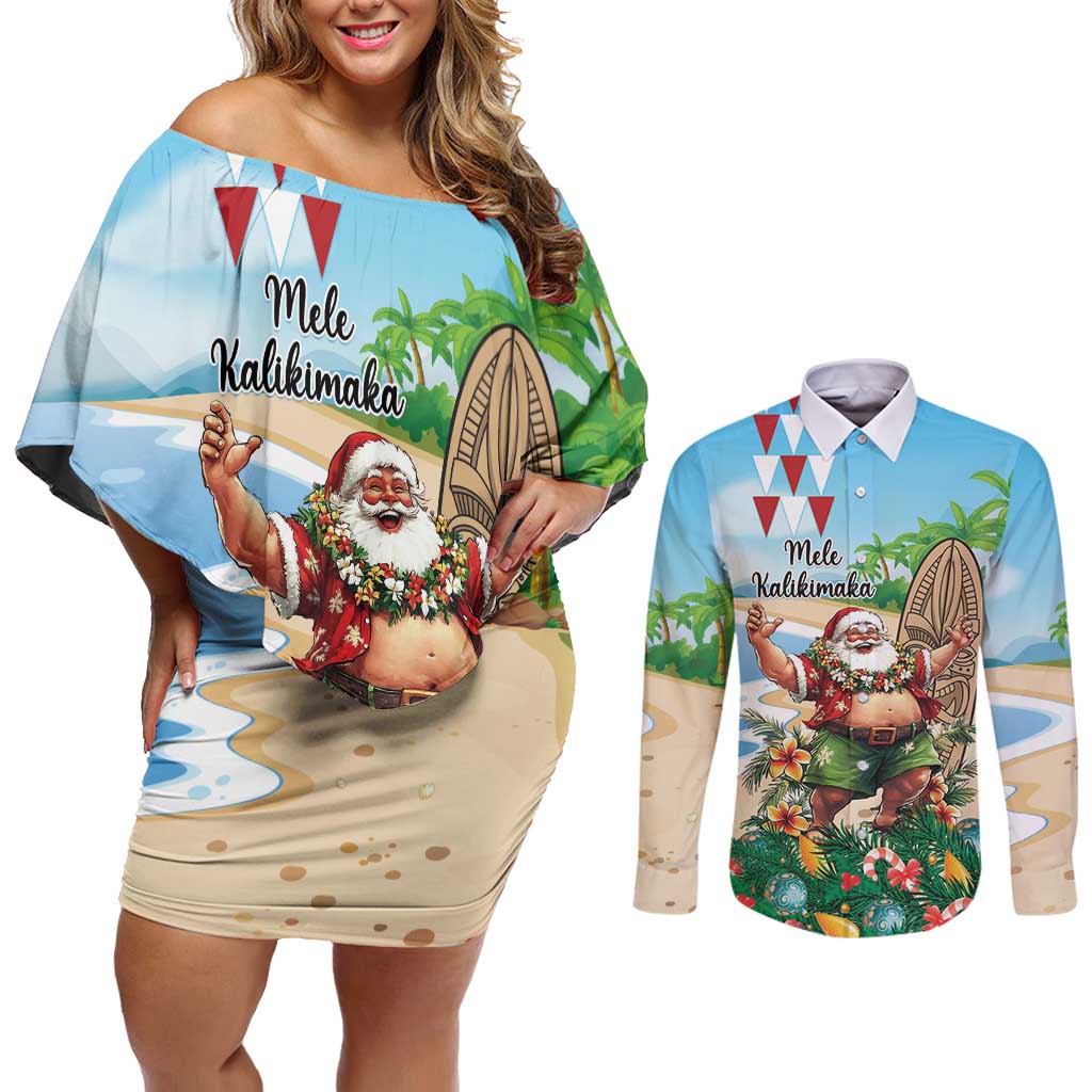 Hawaii Christmas Santa Claus Couples Matching Off Shoulder Short Dress and Long Sleeve Button Shirt Mele Kalikimaka Tropical Beach LT01 Art - Polynesian Pride