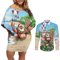 Hawaii Christmas Santa Claus Couples Matching Off Shoulder Short Dress and Long Sleeve Button Shirt Mele Kalikimaka Tropical Beach LT01 Art - Polynesian Pride