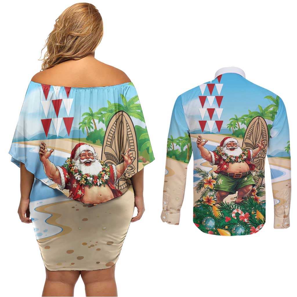 Hawaii Christmas Santa Claus Couples Matching Off Shoulder Short Dress and Long Sleeve Button Shirt Mele Kalikimaka Tropical Beach LT01 - Polynesian Pride