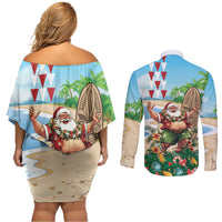 Hawaii Christmas Santa Claus Couples Matching Off Shoulder Short Dress and Long Sleeve Button Shirt Mele Kalikimaka Tropical Beach LT01 - Polynesian Pride