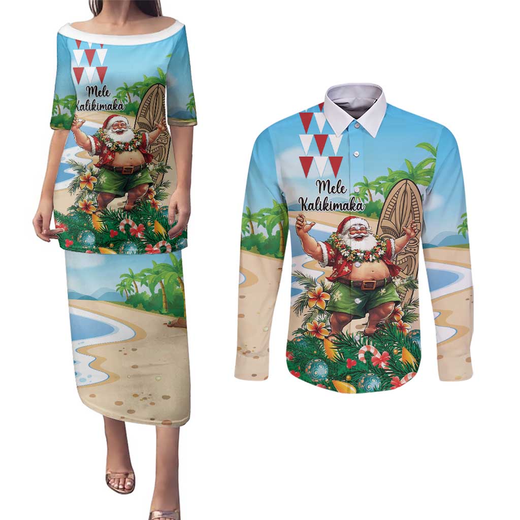 Hawaii Christmas Santa Claus Couples Matching Puletasi and Long Sleeve Button Shirt Mele Kalikimaka Tropical Beach LT01 Art - Polynesian Pride