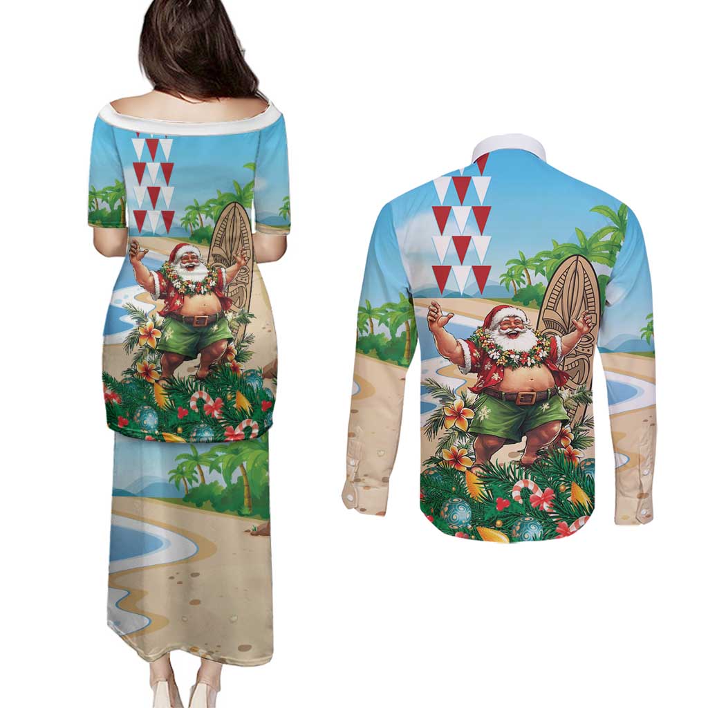 Hawaii Christmas Santa Claus Couples Matching Puletasi and Long Sleeve Button Shirt Mele Kalikimaka Tropical Beach LT01 - Polynesian Pride