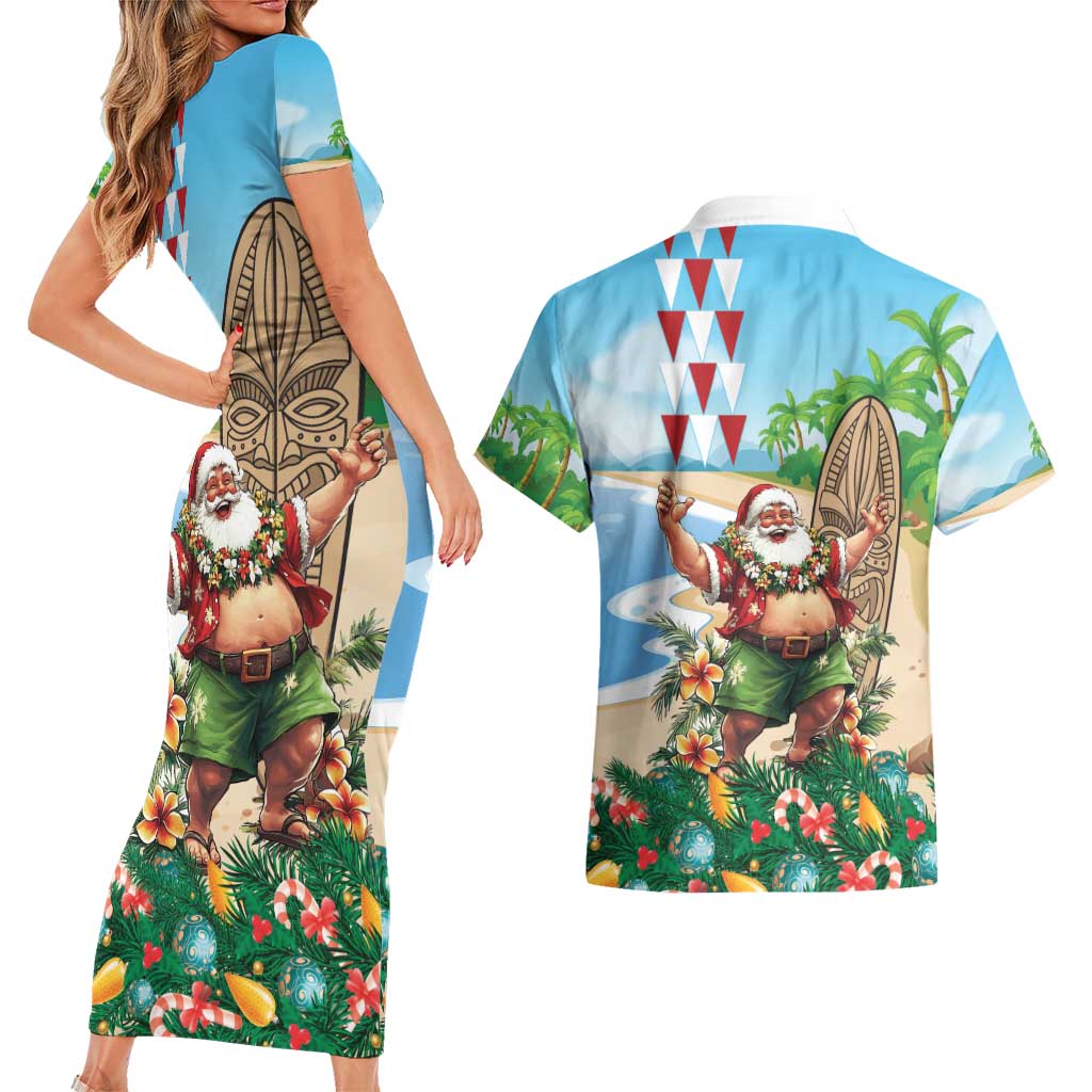 Hawaii Christmas Santa Claus Couples Matching Short Sleeve Bodycon Dress and Hawaiian Shirt Mele Kalikimaka Tropical Beach LT01 - Polynesian Pride