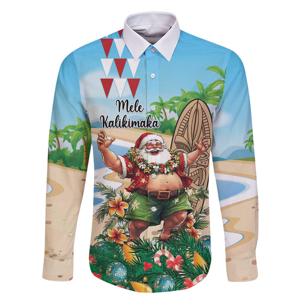 Hawaii Christmas Santa Claus Family Matching Off Shoulder Short Dress and Hawaiian Shirt Mele Kalikimaka Tropical Beach LT01 Dad's Shirt - Long Sleeve Art - Polynesian Pride