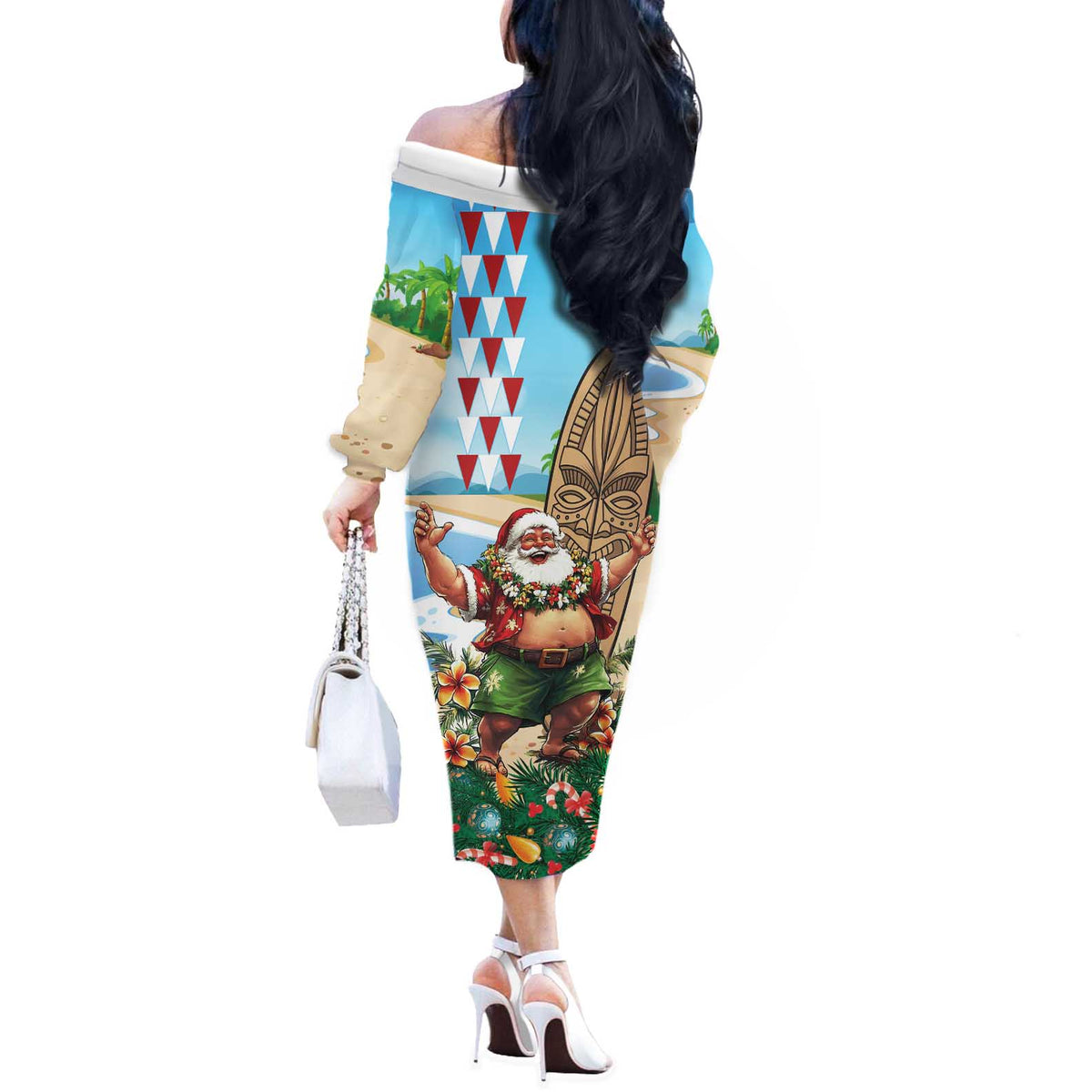 Hawaii Christmas Santa Claus Off The Shoulder Long Sleeve Dress Mele Kalikimaka Tropical Beach LT01 - Polynesian Pride