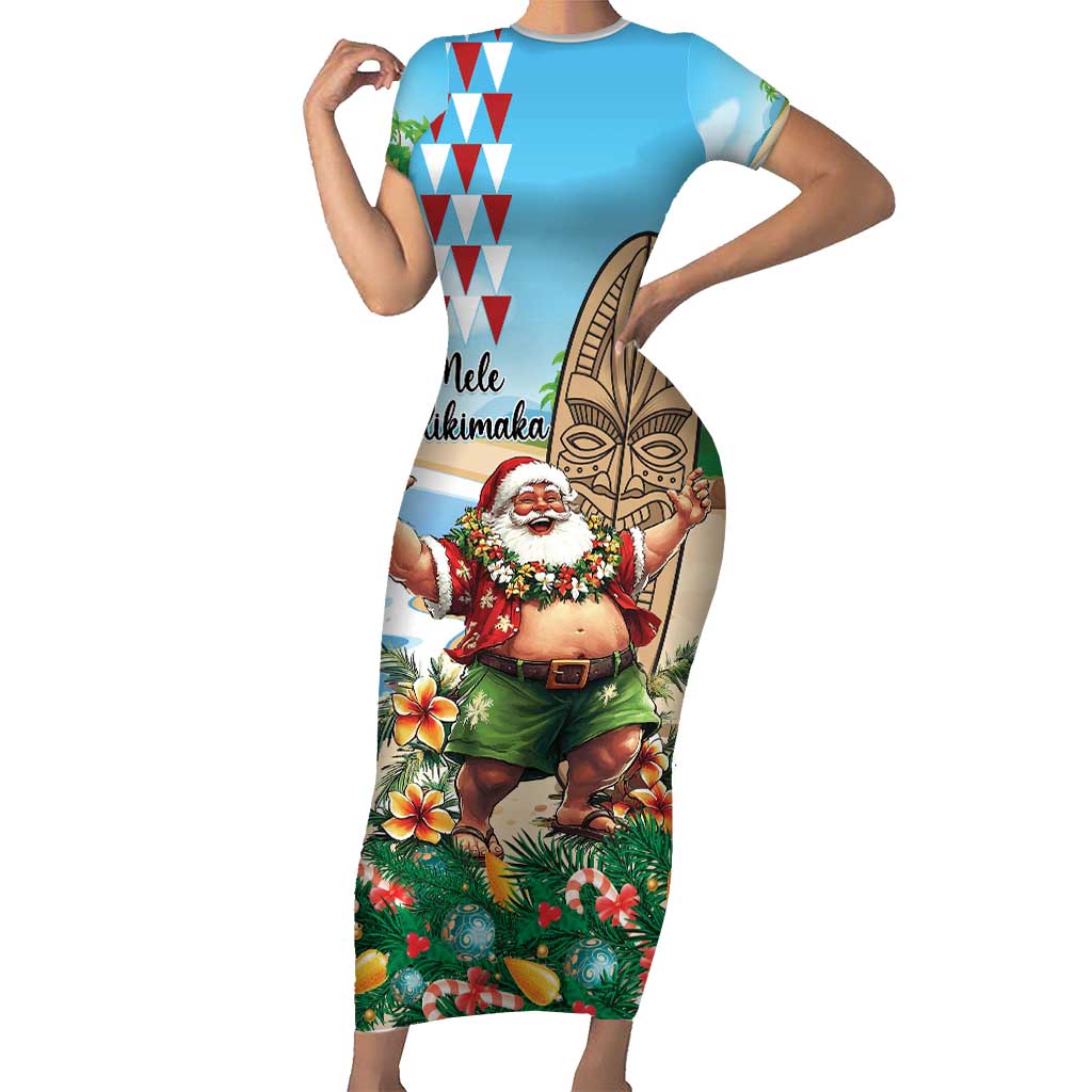 Hawaii Christmas Santa Claus Short Sleeve Bodycon Dress Mele Kalikimaka Tropical Beach LT01 Long Dress Art - Polynesian Pride