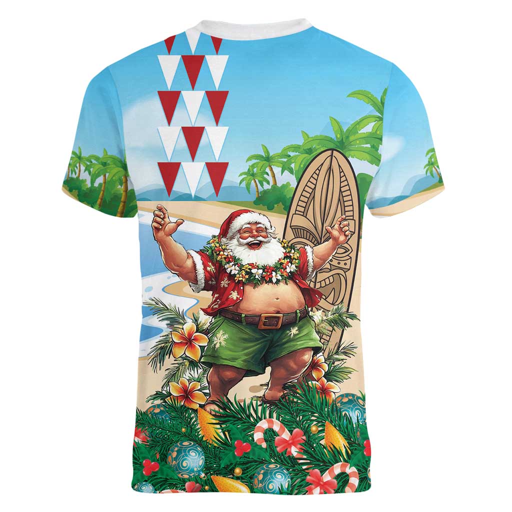 Hawaii Christmas Santa Claus Women V-Neck T-Shirt Mele Kalikimaka Tropical Beach LT01 - Polynesian Pride