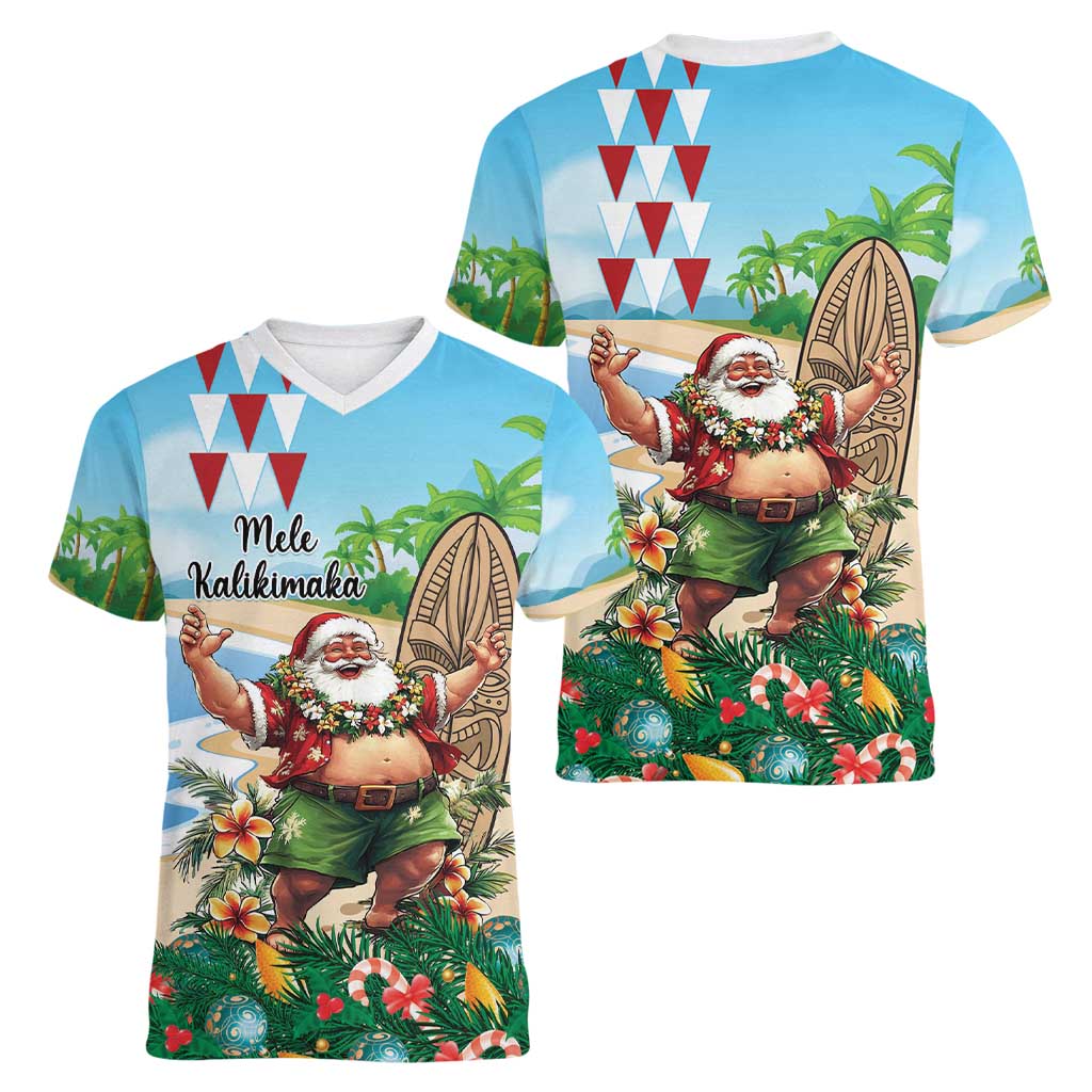 Hawaii Christmas Santa Claus Women V-Neck T-Shirt Mele Kalikimaka Tropical Beach LT01 - Polynesian Pride
