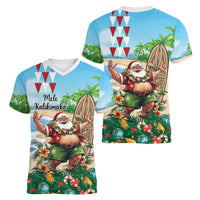 Hawaii Christmas Santa Claus Women V-Neck T-Shirt Mele Kalikimaka Tropical Beach LT01 - Polynesian Pride