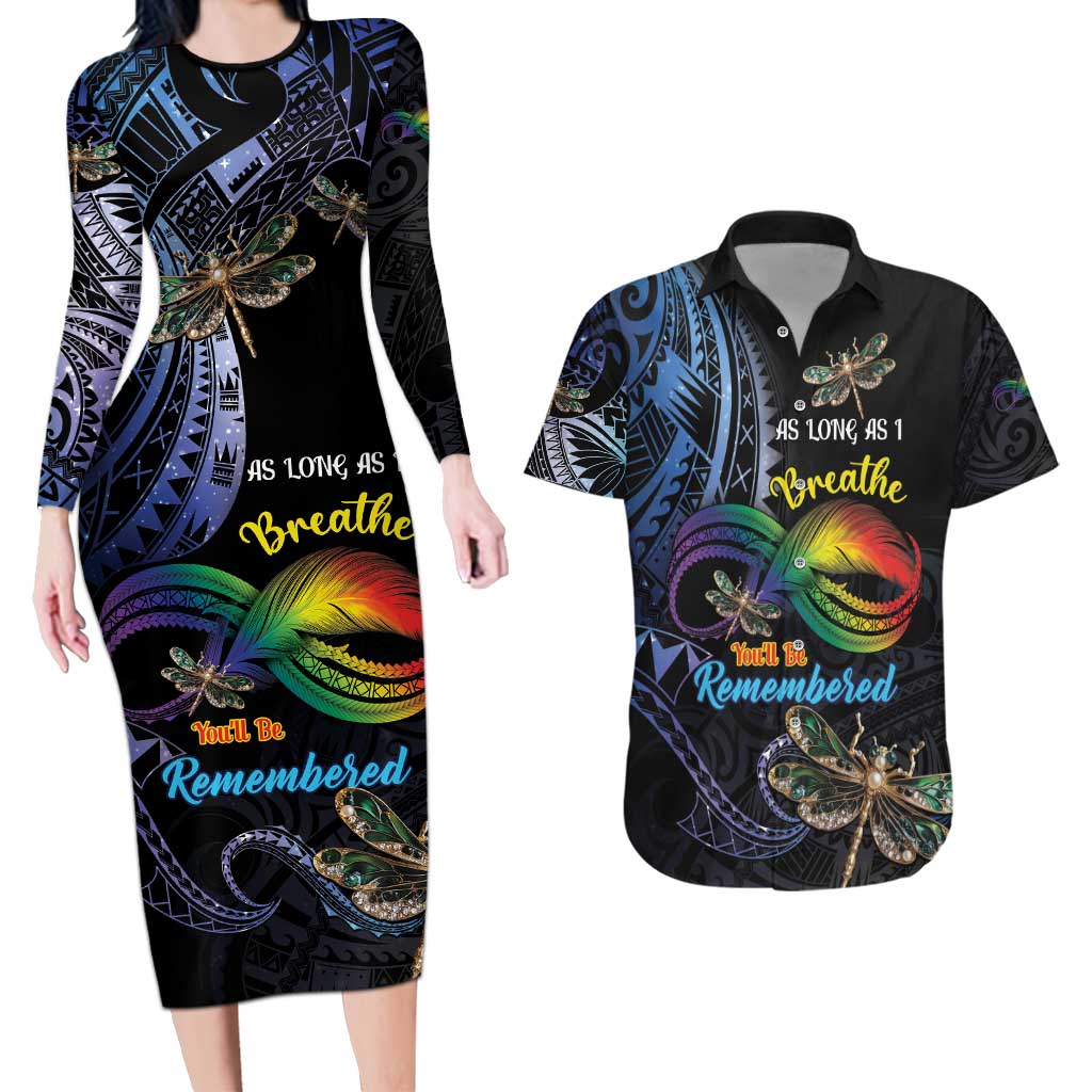 Personalised Polynesian Memorial Couples Matching Long Sleeve Bodycon Dress and Hawaiian Shirt As Long As I Breathe You'll Be Remembered LT01 Colorful - Polynesian Pride