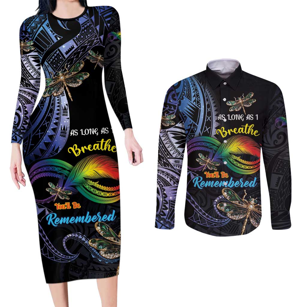Personalised Polynesian Memorial Couples Matching Long Sleeve Bodycon Dress and Long Sleeve Button Shirt As Long As I Breathe You'll Be Remembered LT01 Colorful - Polynesian Pride