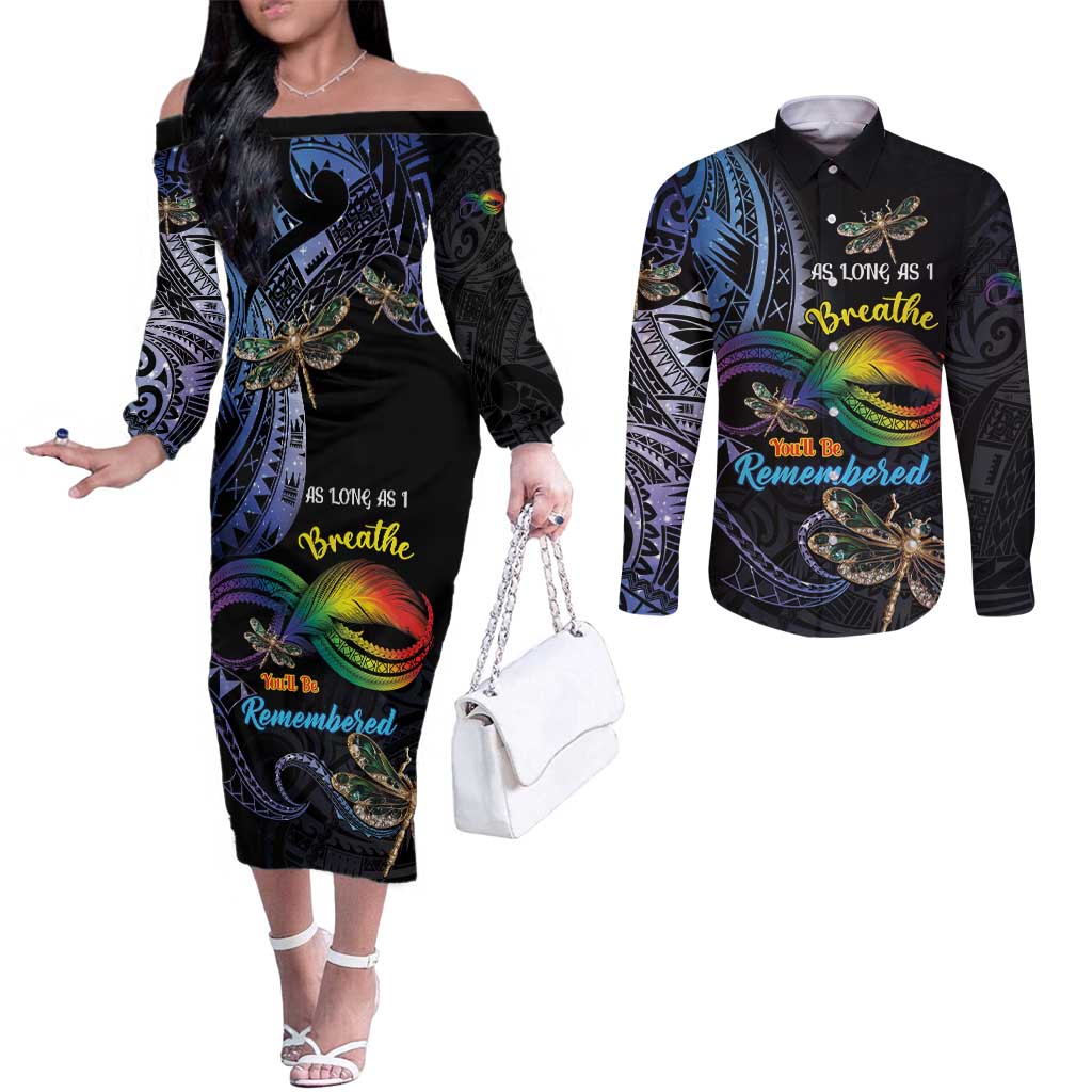 Personalised Polynesian Memorial Couples Matching Off The Shoulder Long Sleeve Dress and Long Sleeve Button Shirt As Long As I Breathe You'll Be Remembered LT01 Colorful - Polynesian Pride