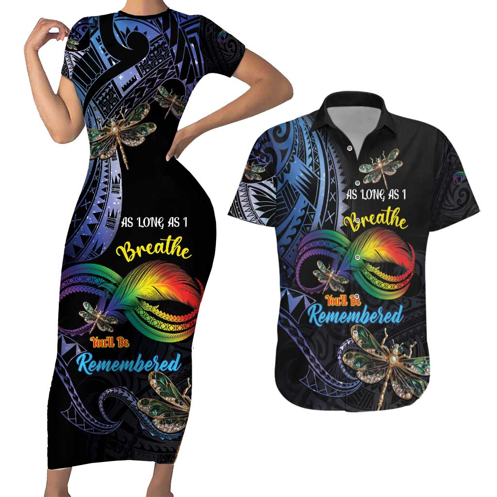 Personalised Polynesian Memorial Couples Matching Short Sleeve Bodycon Dress and Hawaiian Shirt As Long As I Breathe You'll Be Remembered LT01 Colorful - Polynesian Pride