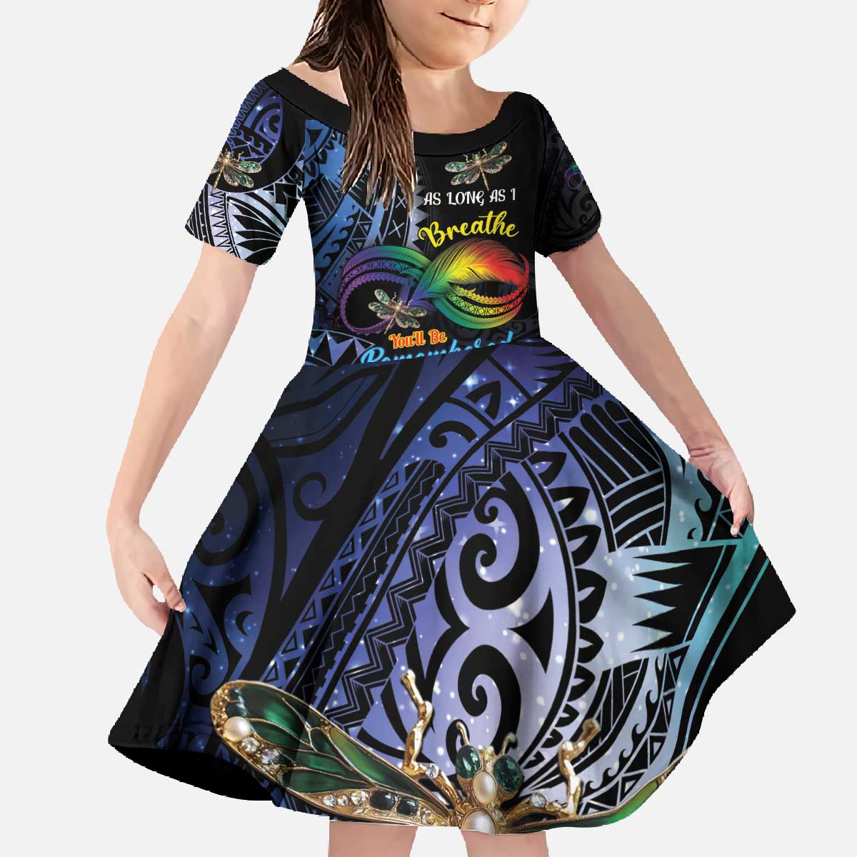Personalised Polynesian Memorial Family Matching Off The Shoulder Long Sleeve Dress and Hawaiian Shirt As Long As I Breathe You'll Be Remembered LT01 Daughter's Dress Colorful - Polynesian Pride