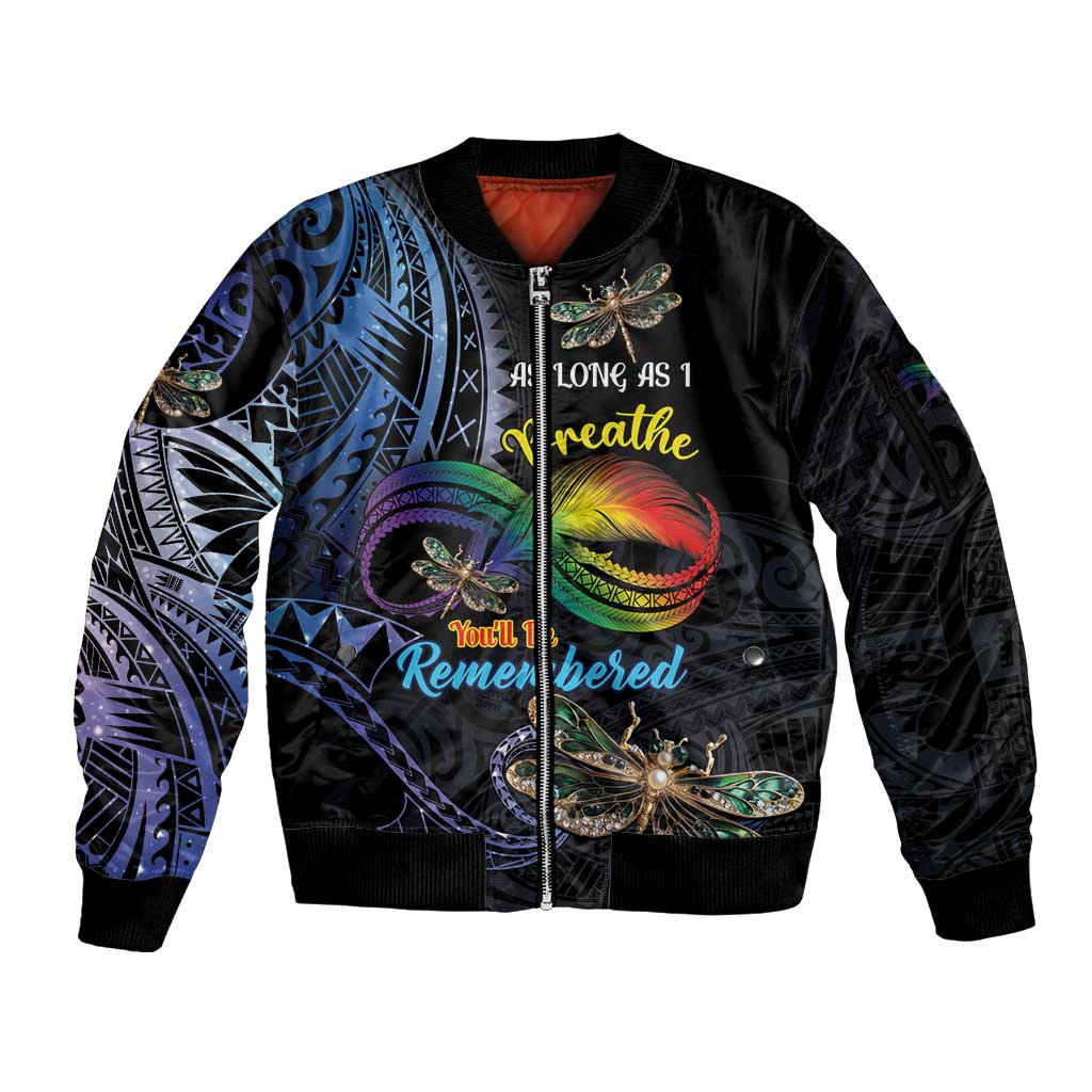 Personalised Polynesian Memorial Sleeve Zip Bomber Jacket As Long As I Breathe You'll Be Remembered LT01 Unisex Colorful - Polynesian Pride