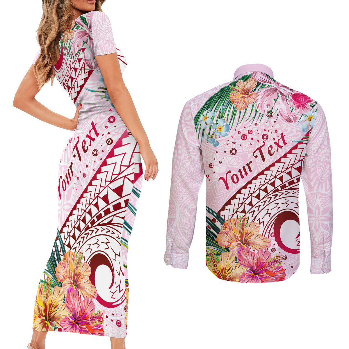 Pasifika Festival Couples Matching Short Sleeve Bodycon Dress and Long Sleeve Button Shirt Tribal Pattern Tropical Style LT01 - Polynesian Pride
