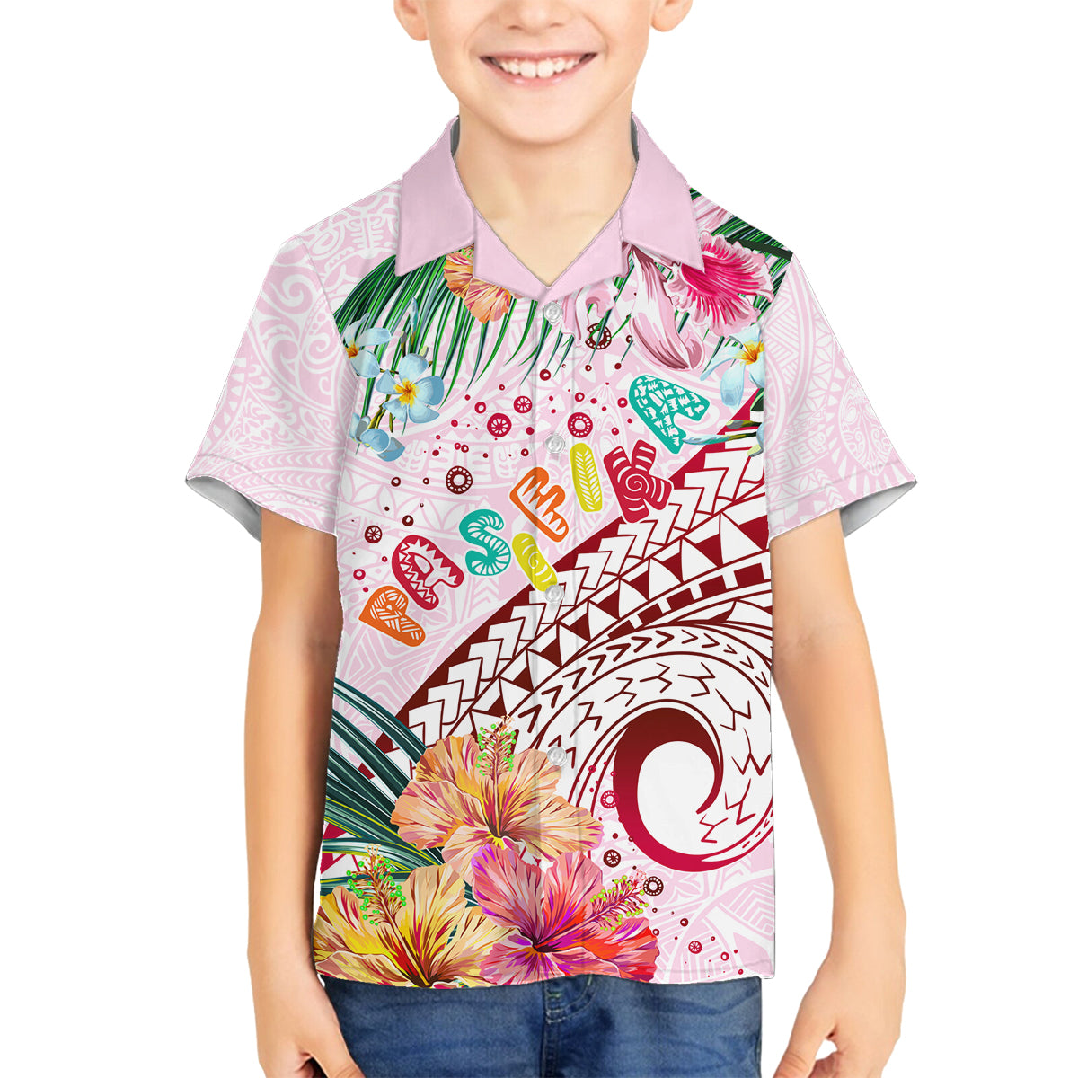 Pasifika Festival Family Matching Off Shoulder Long Sleeve Dress and Hawaiian Shirt Tribal Pattern Tropical Style LT01 Son's Shirt Pink - Polynesian Pride