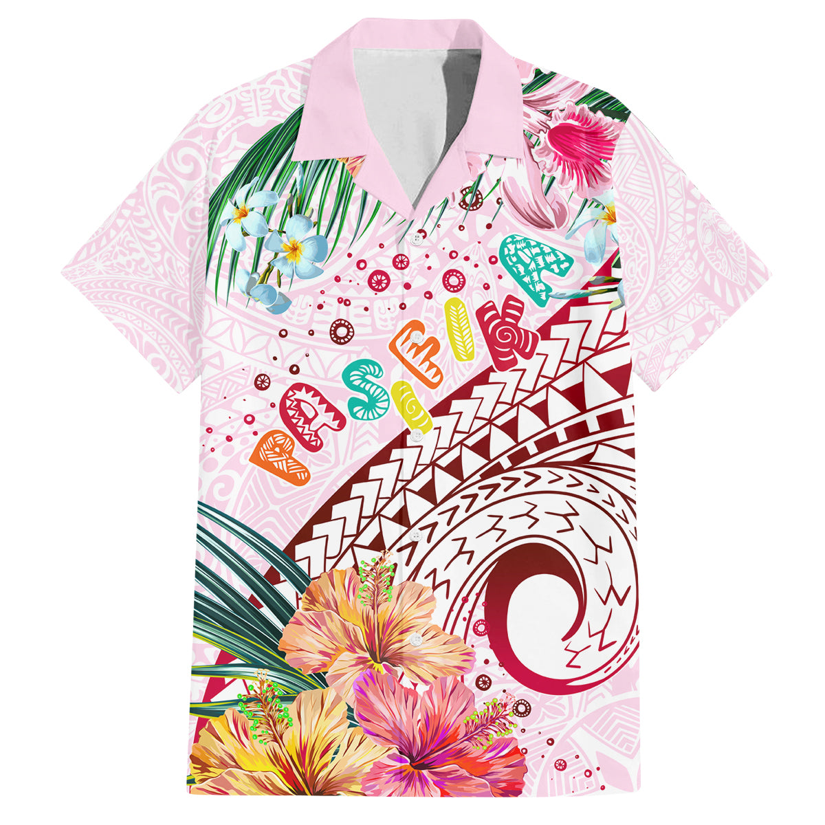 Pasifika Festival Family Matching Summer Maxi Dress and Hawaiian Shirt Tribal Pattern Tropical Style LT01 Dad's Shirt - Short Sleeve Pink - Polynesian Pride