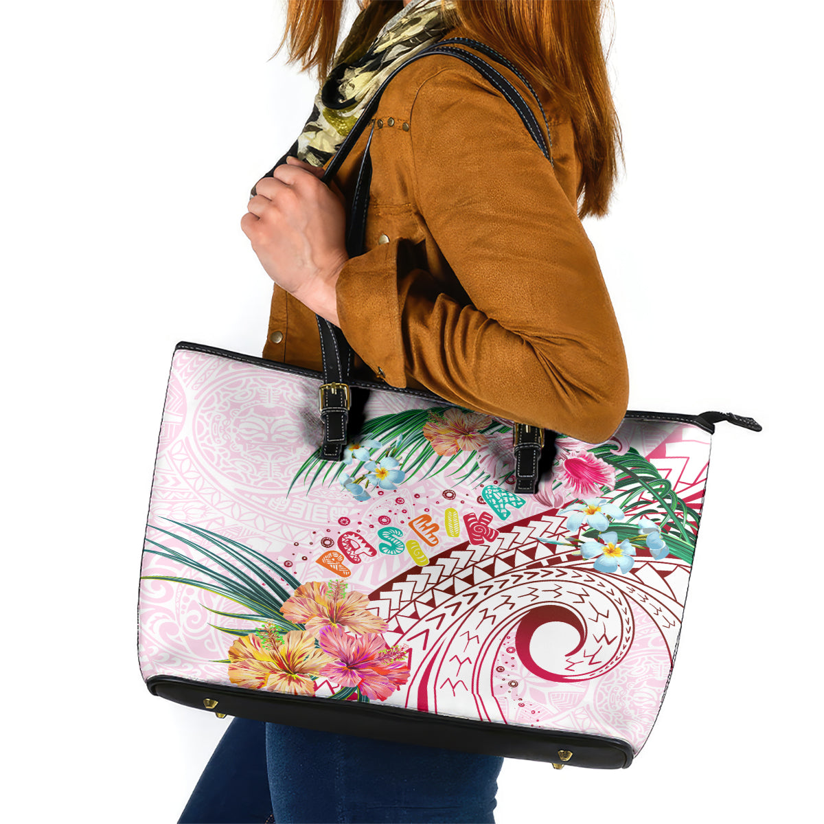 Pasifika Festival Leather Tote Bag Tribal Pattern Tropical Style LT01 Pink - Polynesian Pride