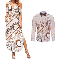 Pasifika Festival Couples Matching Summer Maxi Dress and Long Sleeve Button Shirt Vintage Tribal Pattern LT01 Brown - Polynesian Pride
