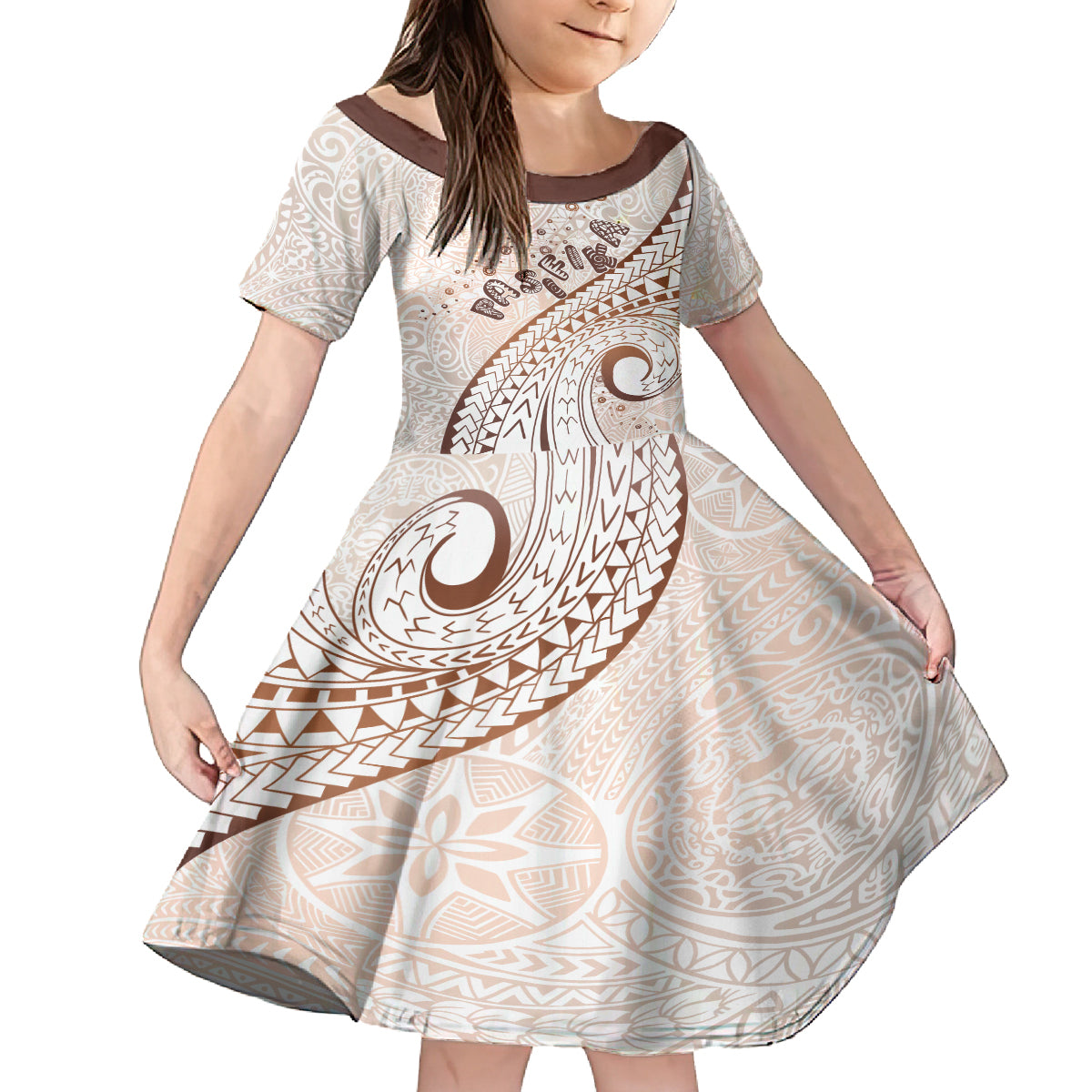 Pasifika Festival Family Matching Off Shoulder Maxi Dress and Hawaiian Shirt Vintage Tribal Pattern LT01 Daughter's Dress Brown - Polynesian Pride