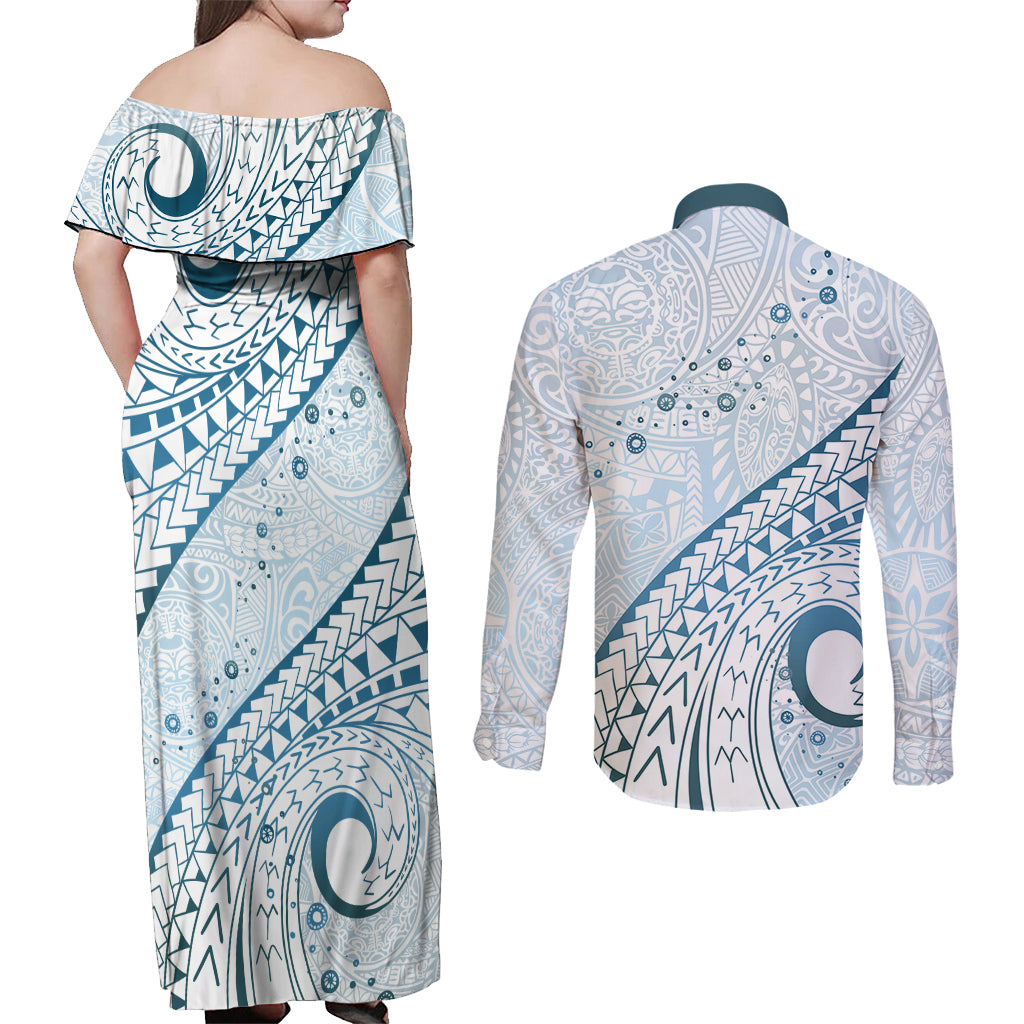 Pasifika Festival Couples Matching Off Shoulder Maxi Dress and Long Sleeve Button Shirt Tribal Pattern Blue Version LT01 - Polynesian Pride
