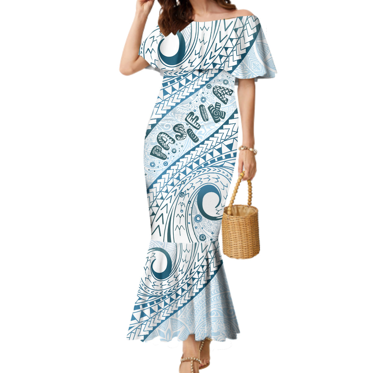 Pasifika Festival Family Matching Mermaid Dress and Hawaiian Shirt Tribal Pattern Blue Version LT01 Mom's Dress Blue - Polynesian Pride