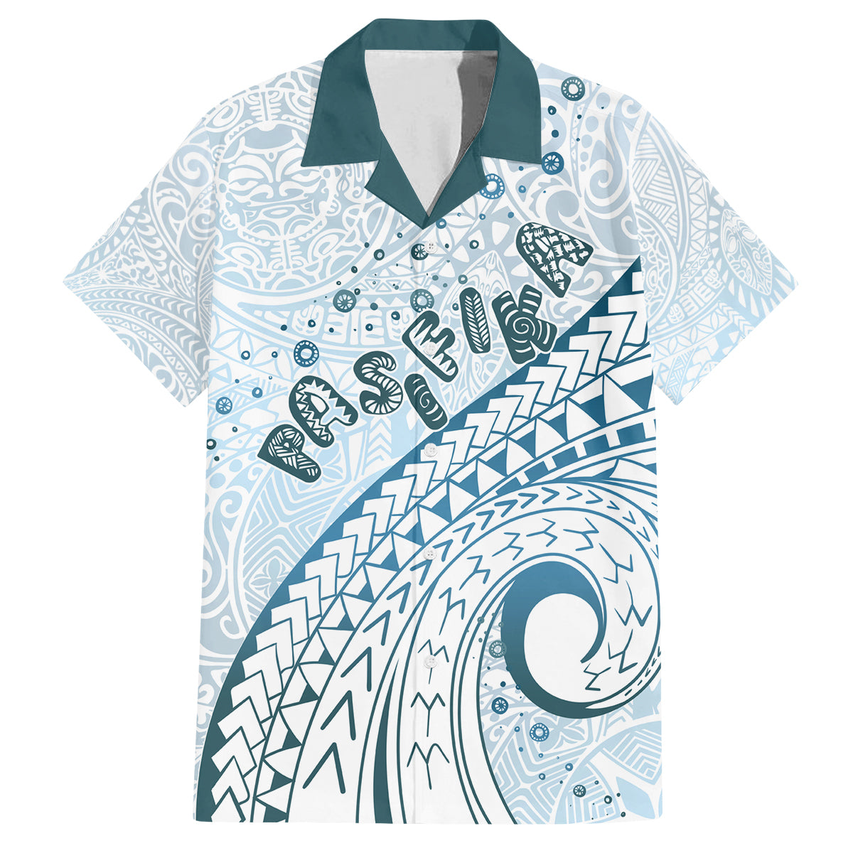 Pasifika Festival Family Matching Off Shoulder Maxi Dress and Hawaiian Shirt Tribal Pattern Blue Version LT01 Dad's Shirt - Short Sleeve Blue - Polynesian Pride