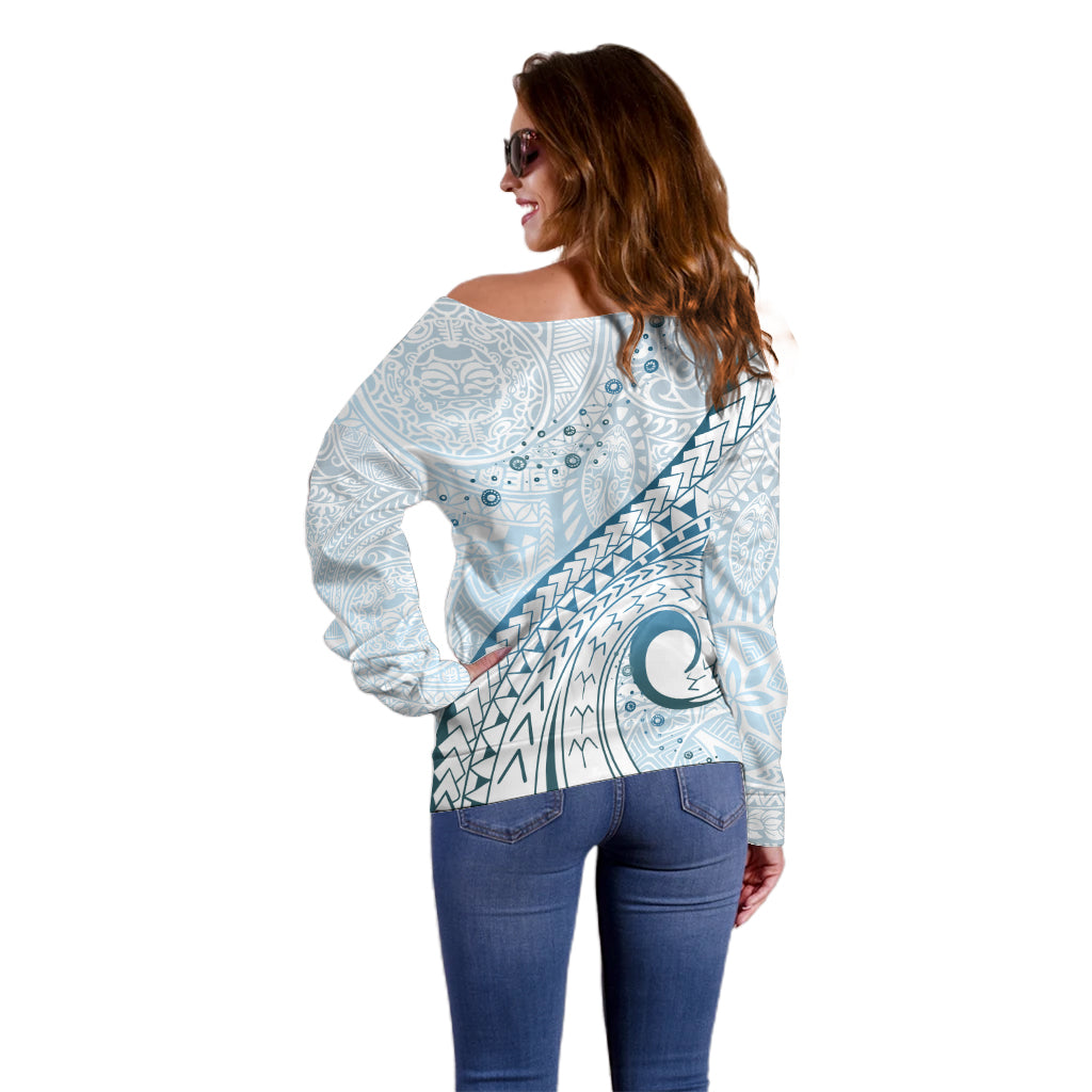 Pasifika Festival Off Shoulder Sweater Tribal Pattern Blue Version LT01 - Polynesian Pride