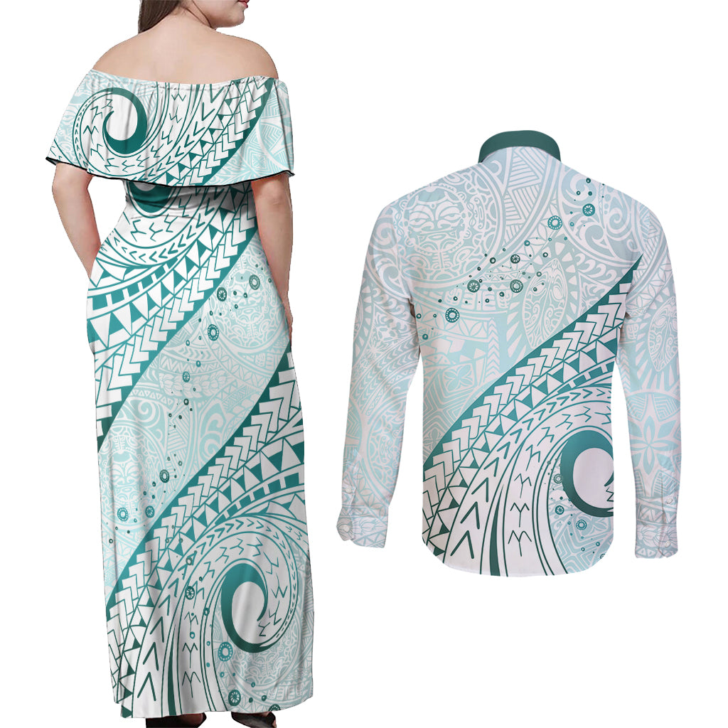 Pasifika Festival Couples Matching Off Shoulder Maxi Dress and Long Sleeve Button Shirt Tribal Pattern Teal Version LT01 - Polynesian Pride