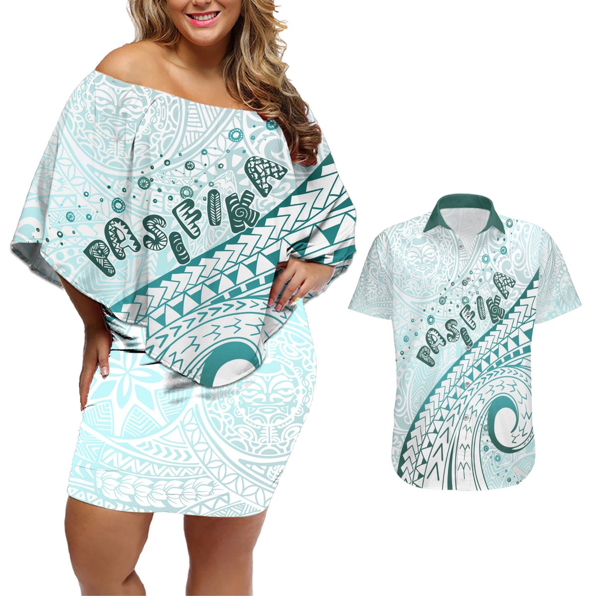 Pasifika Festival Couples Matching Off Shoulder Short Dress and Hawaiian Shirt Tribal Pattern Teal Version LT01 Teal - Polynesian Pride