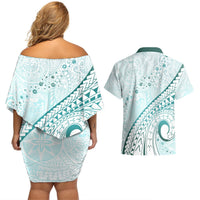 Pasifika Festival Couples Matching Off Shoulder Short Dress and Hawaiian Shirt Tribal Pattern Teal Version LT01 - Polynesian Pride
