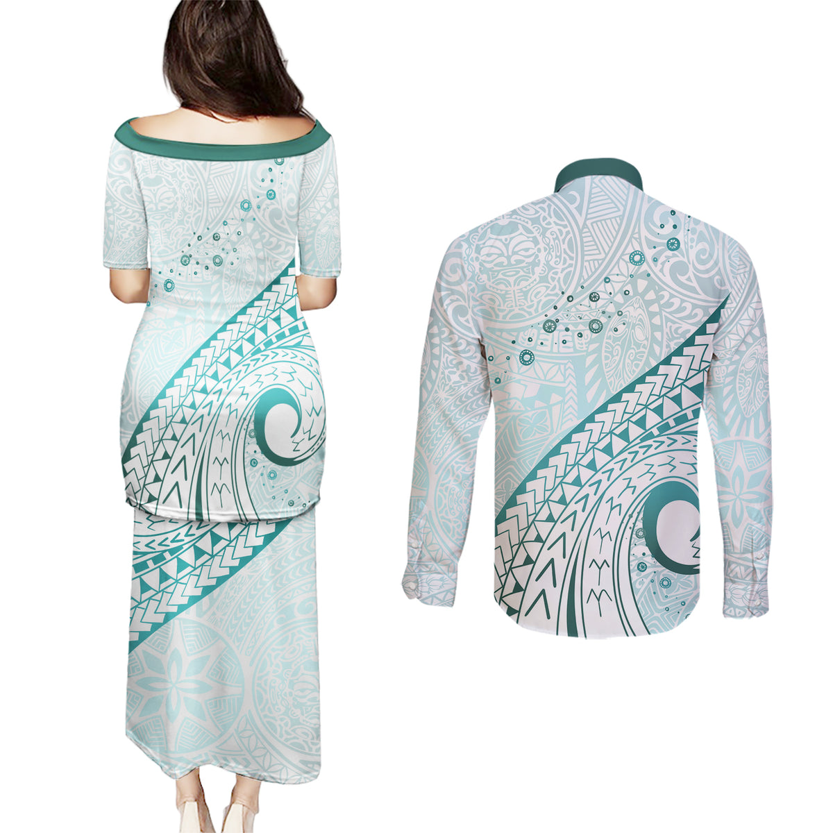 Pasifika Festival Couples Matching Puletasi and Long Sleeve Button Shirt Tribal Pattern Teal Version LT01 - Polynesian Pride