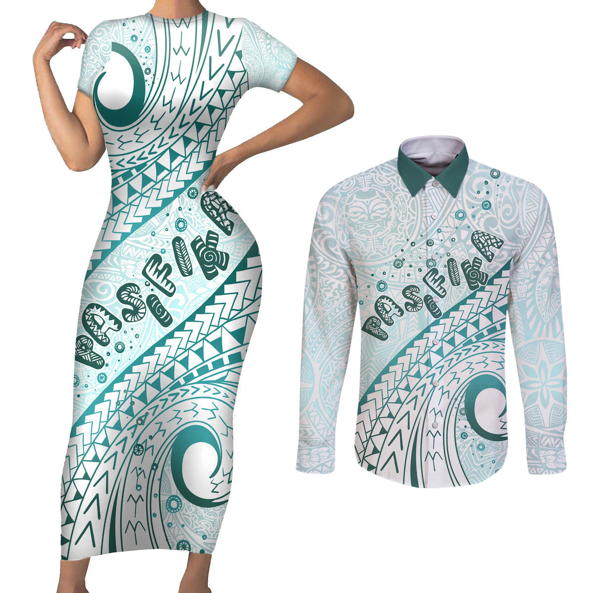 Pasifika Festival Couples Matching Short Sleeve Bodycon Dress and Long Sleeve Button Shirt Tribal Pattern Teal Version LT01 Teal - Polynesian Pride