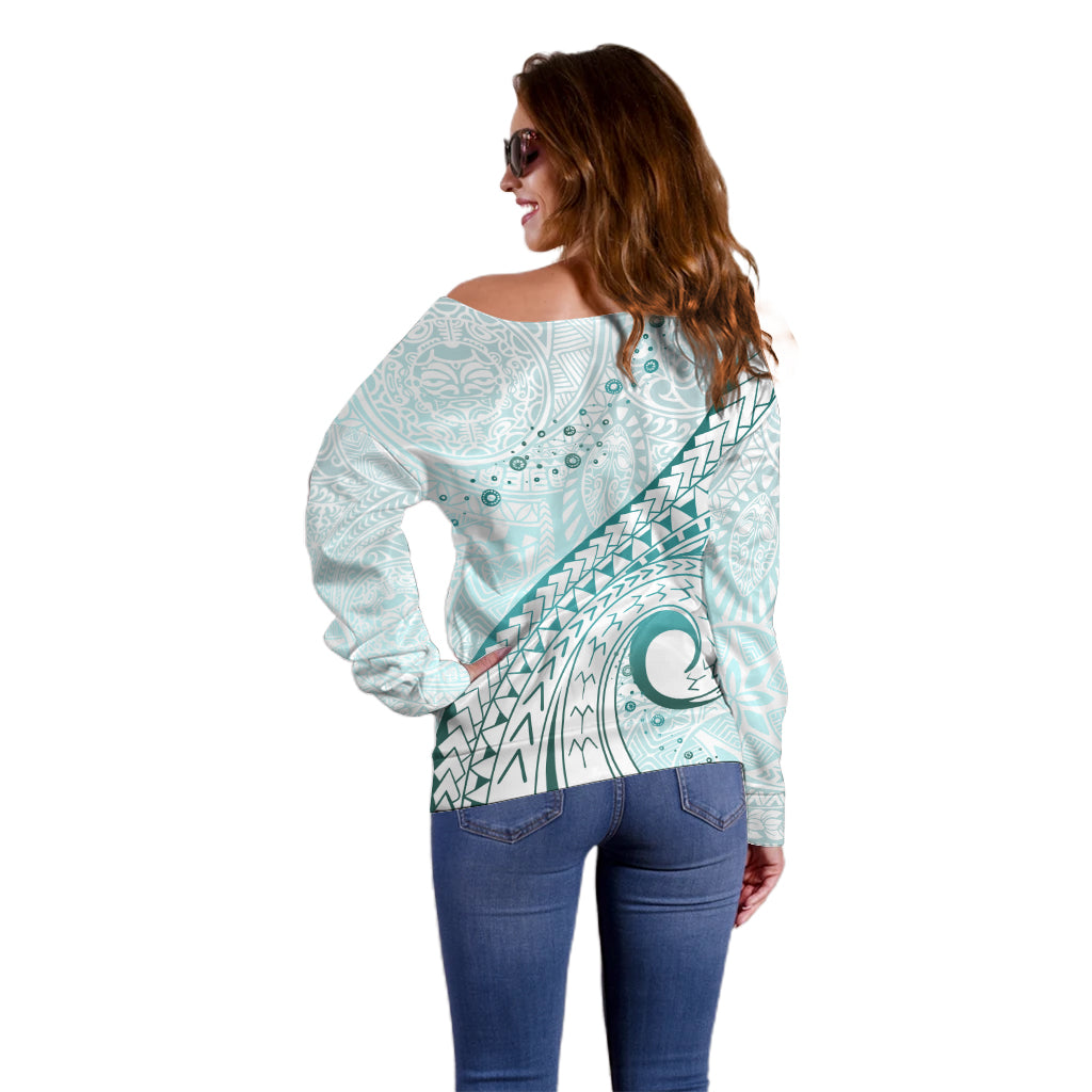 Pasifika Festival Off Shoulder Sweater Tribal Pattern Teal Version LT01