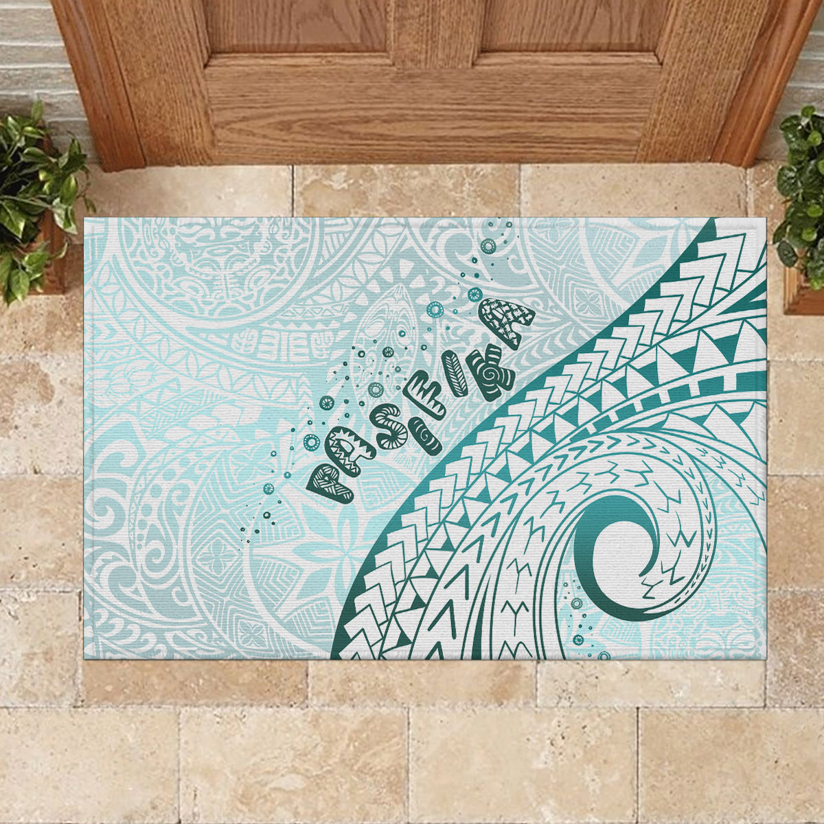 Pasifika Festival Rubber Doormat Tribal Pattern Teal Version