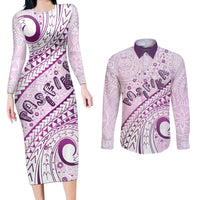 Pasifika Festival Couples Matching Long Sleeve Bodycon Dress and Long Sleeve Button Shirt Tribal Pattern Lilac Version LT01 Purple - Polynesian Pride