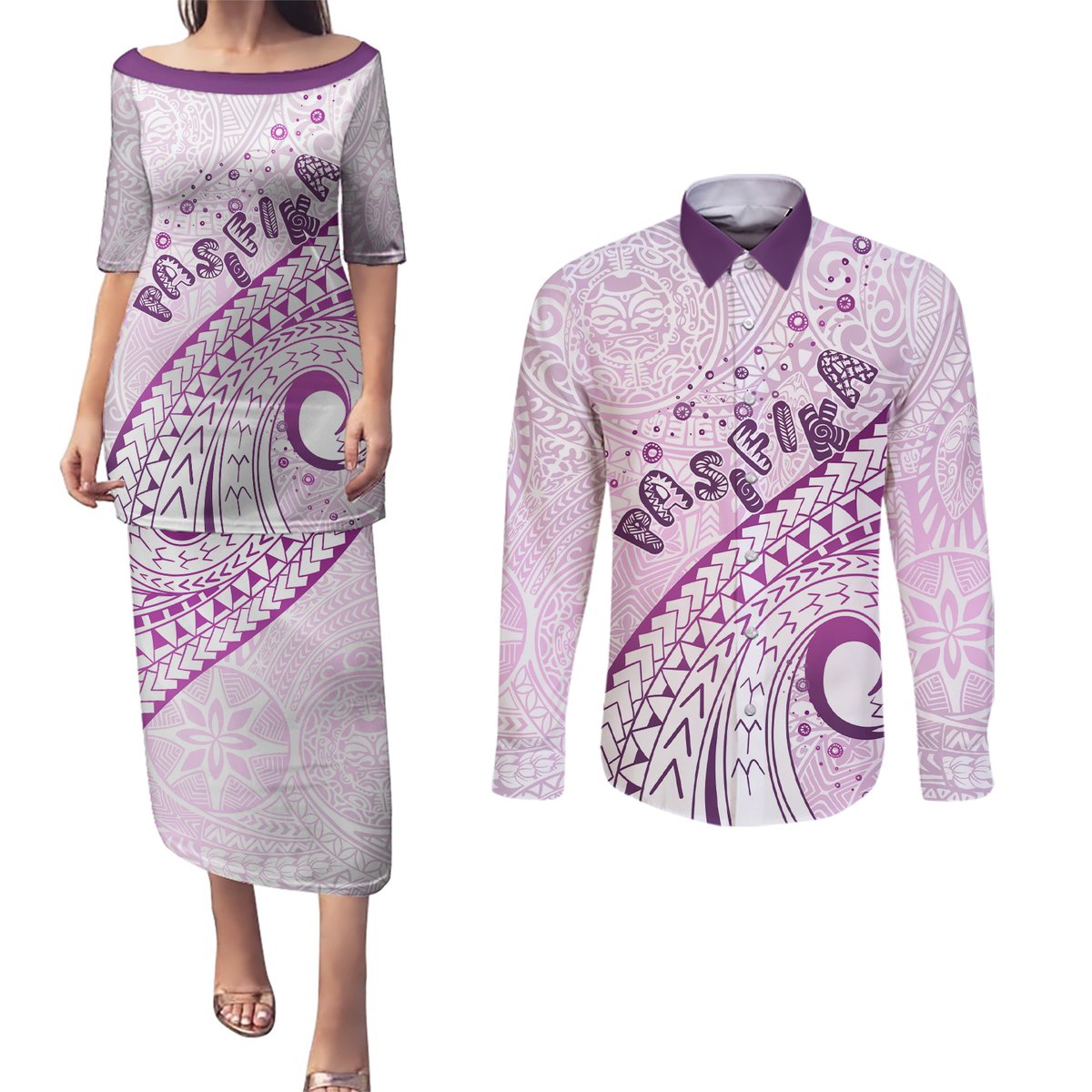 Pasifika Festival Couples Matching Puletasi and Long Sleeve Button Shirt Tribal Pattern Lilac Version LT01 Purple - Polynesian Pride