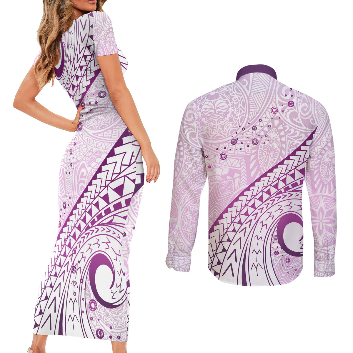 Pasifika Festival Couples Matching Short Sleeve Bodycon Dress and Long Sleeve Button Shirt Tribal Pattern Lilac Version LT01 - Polynesian Pride
