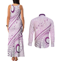 Pasifika Festival Couples Matching Tank Maxi Dress and Long Sleeve Button Shirt Tribal Pattern Lilac Version LT01 - Polynesian Pride