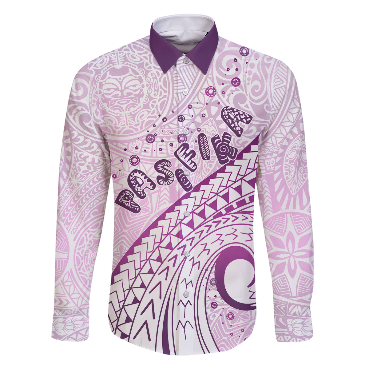 Pasifika Festival Family Matching Off Shoulder Short Dress and Hawaiian Shirt Tribal Pattern Lilac Version LT01 Dad's Shirt - Long Sleeve Purple - Polynesian Pride