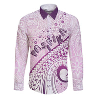 Pasifika Festival Family Matching Off Shoulder Short Dress and Hawaiian Shirt Tribal Pattern Lilac Version LT01 Dad's Shirt - Long Sleeve Purple - Polynesian Pride