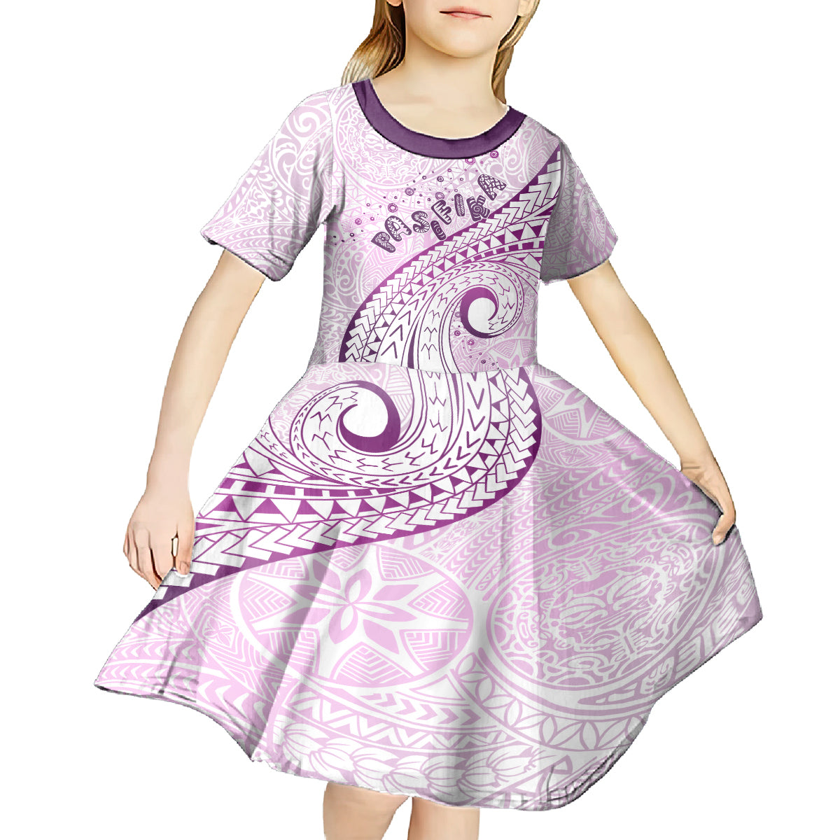 Pasifika Festival Kid Short Sleeve Dress Tribal Pattern Lilac Version LT01 - Polynesian Pride