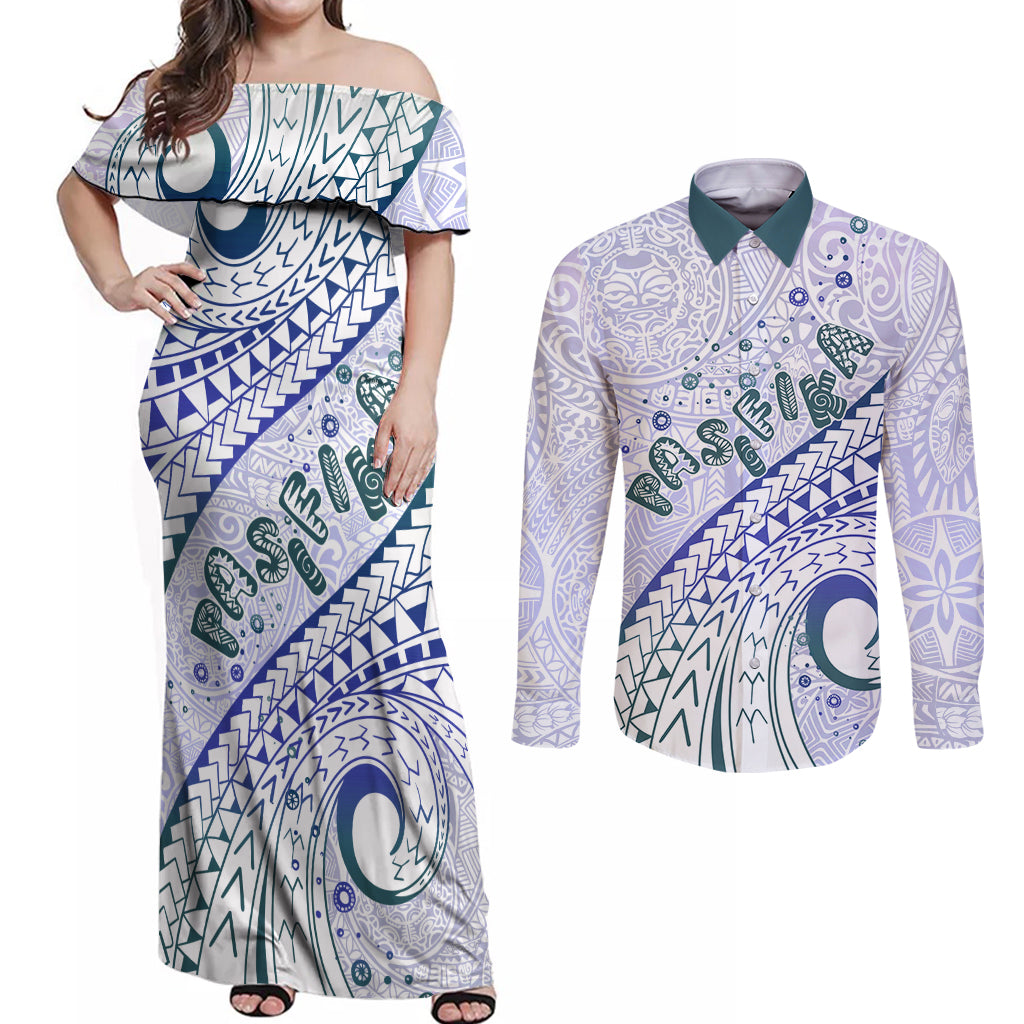 Pasifika Festival Couples Matching Off Shoulder Maxi Dress and Long Sleeve Button Shirt Tribal Pattern Violet Version LT01 Purple - Polynesian Pride