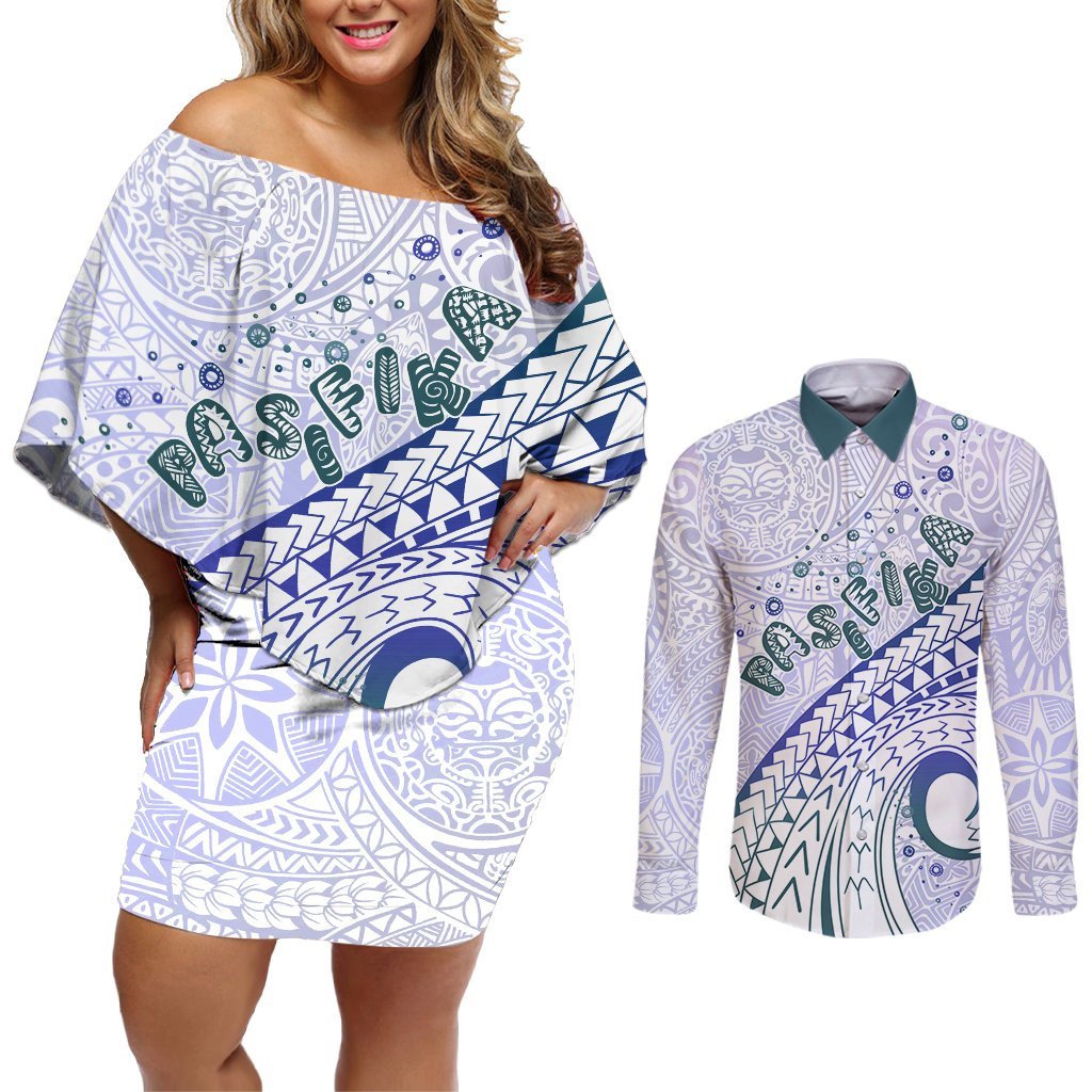 Pasifika Festival Couples Matching Off Shoulder Short Dress and Long Sleeve Button Shirt Tribal Pattern Violet Version LT01 Purple - Polynesian Pride