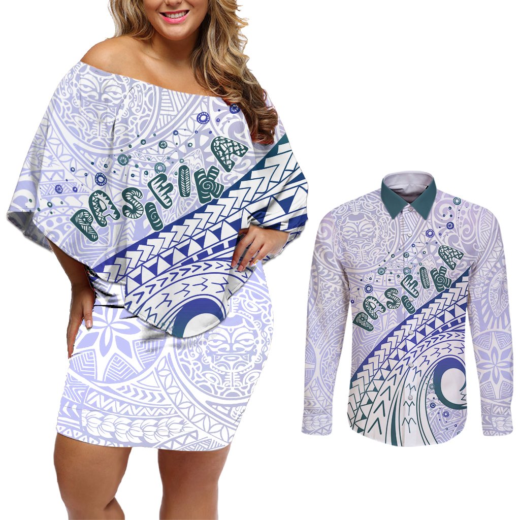 Pasifika Festival Couples Matching Off Shoulder Short Dress and Long Sleeve Button Shirt Tribal Pattern Violet Version LT01 Purple - Polynesian Pride