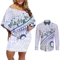 Pasifika Festival Couples Matching Off Shoulder Short Dress and Long Sleeve Button Shirt Tribal Pattern Violet Version LT01 Purple - Polynesian Pride